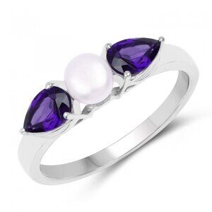 Captivating Ladies Sterling Silver Amethyst and Pearl Size 9 Designer Ring